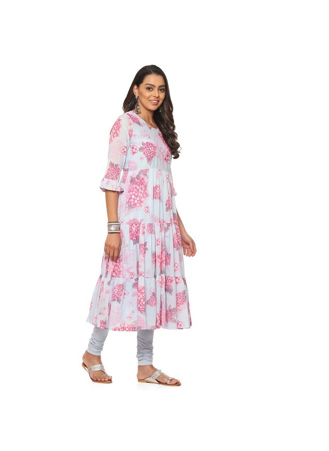 Biba - BIBA WOMEN PRINTED FITTED SALWAR KURTA DUPATTA(SKDPHOOL PH8654_POWDER BLUE_34) - Image 1