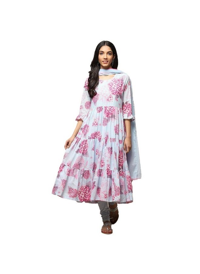 Biba - BIBA WOMEN PRINTED FITTED SALWAR KURTA DUPATTA(SKDPHOOL PH8654_POWDER BLUE_34) - Image 1