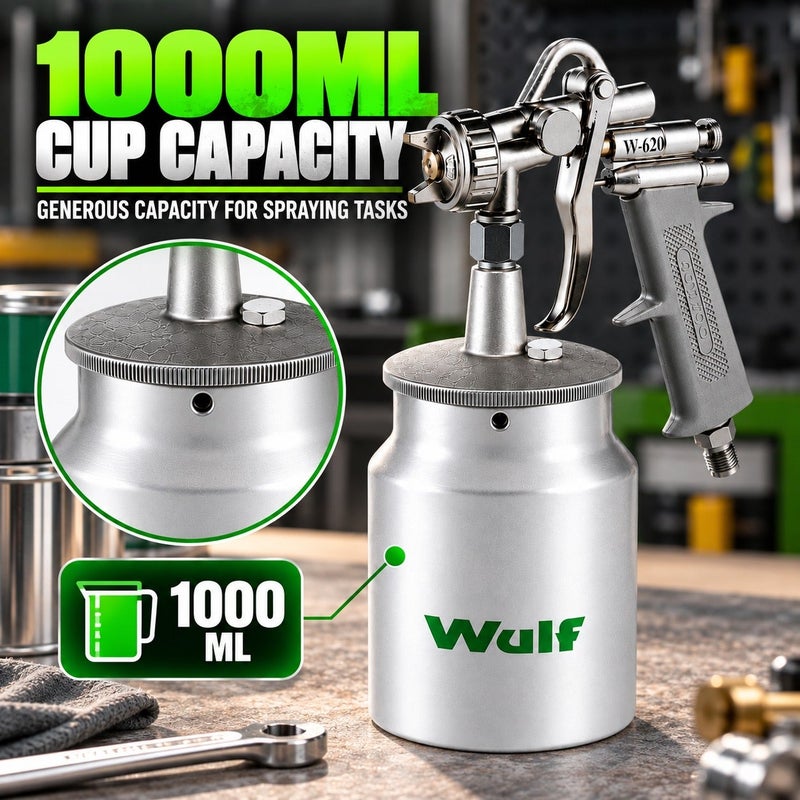 WULF G70 Air Spray Gun 1000ml with 1.8mm Nozzle, Heavy Duty Pneumatic Paint Sprayer for Automotive Painting, Wood Coating, Furniture Finishing & Industrial Workshop Use - Image 4
