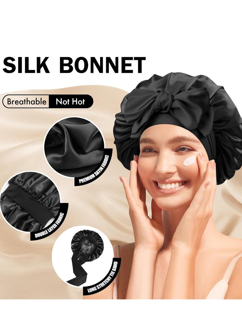 Satin Silk Bonnet for Sleeping Women, Double Layer Silk Sleep Shower Cap, Soft Satin Lined Bonnet with Tie Band for Natural & Curly Hair