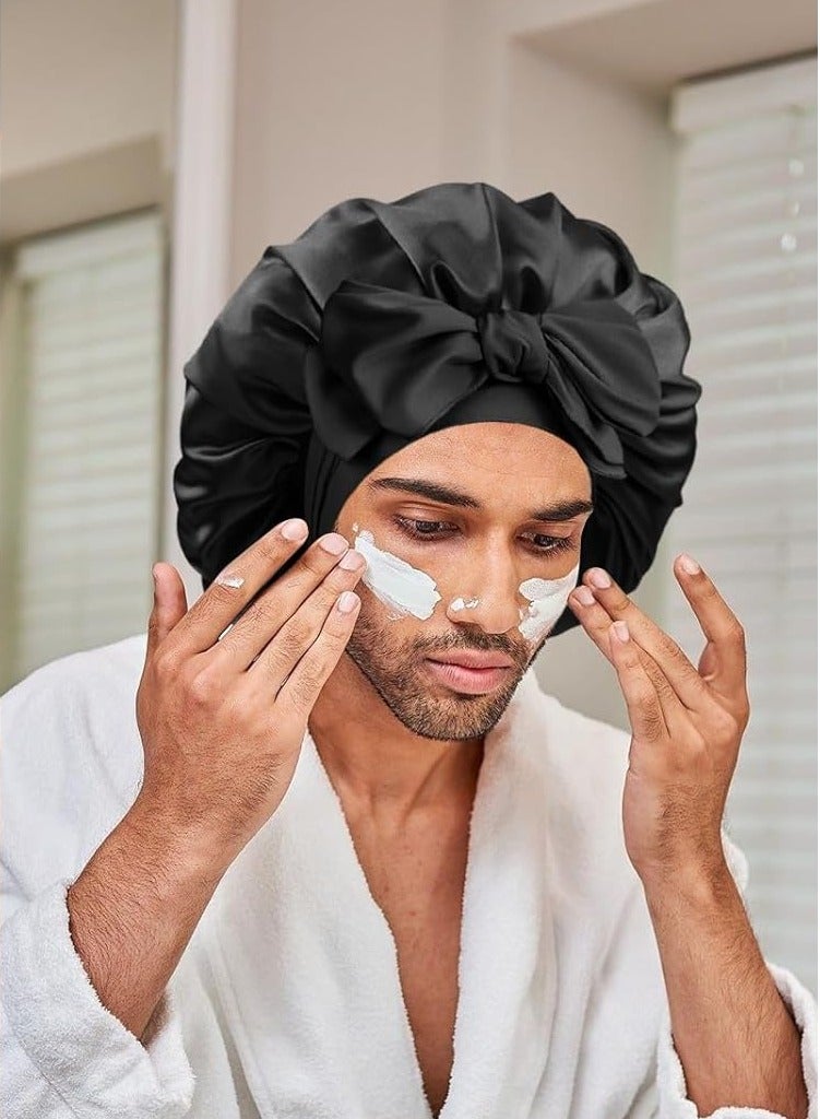 Satin Silk Bonnet for Sleeping Women, Double Layer Silk Sleep Shower Cap, Soft Satin Lined Bonnet with Tie Band for Natural & Curly Hair