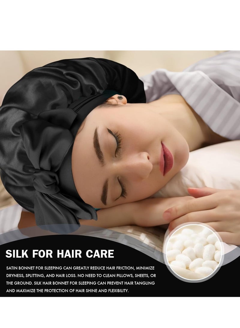 Satin Silk Bonnet for Sleeping Women, Double Layer Silk Sleep Shower Cap, Soft Satin Lined Bonnet with Tie Band for Natural & Curly Hair