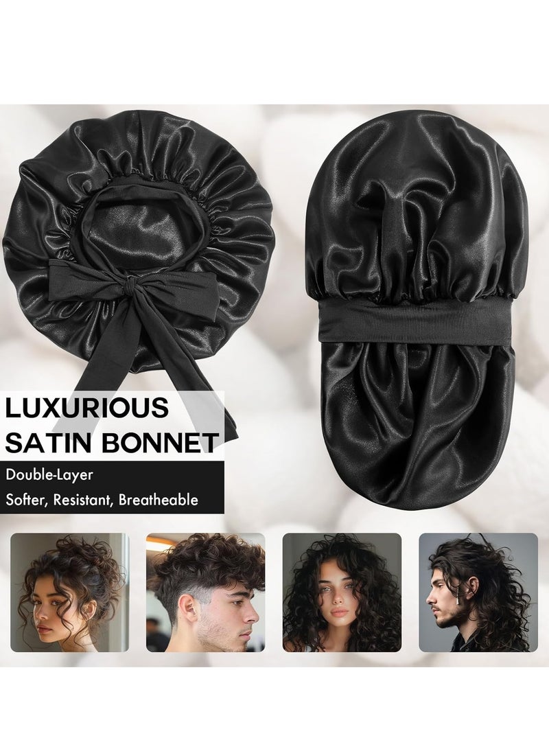 Satin Silk Bonnet for Sleeping Women, Double Layer Silk Sleep Shower Cap, Soft Satin Lined Bonnet with Tie Band for Natural & Curly Hair