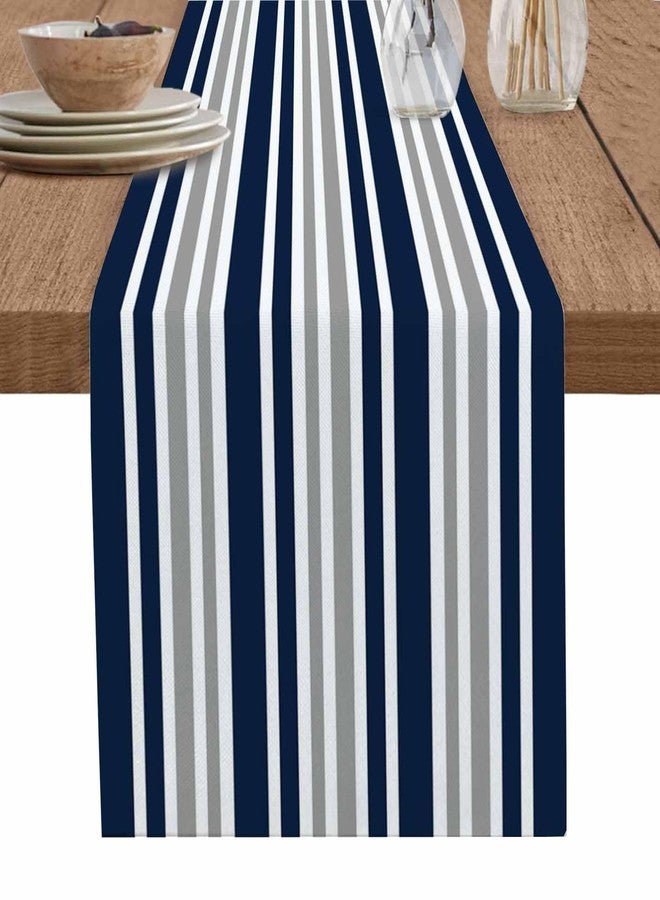 PIEPLE Stripe Table Runner-Navy Blue Gray White Cotton linen-Long 72 inche Dresser Scarves,Farmhouse Tablerunner for Kitchen Coffee/Dining/Sofa Table Bedroom Home Living Room,Scarf Decor for Holiday Dinner - Image 1