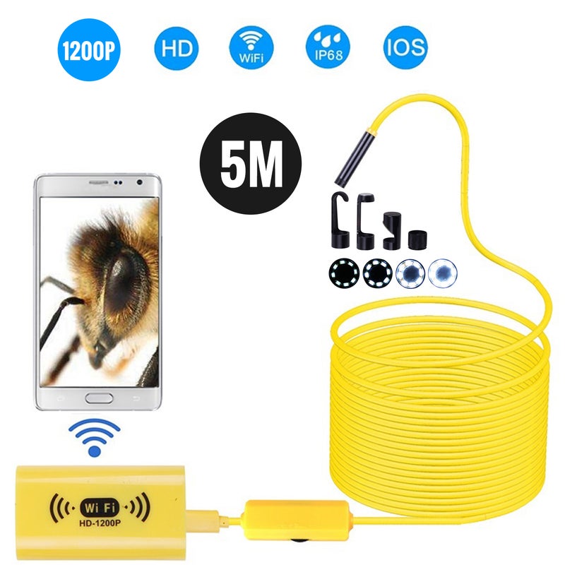 8mm Wireless Endoscope Camera IP68 Waterproof WiFi Inspection 2.0MP HD 8 LED Semi-Rigid Cable Borescope for iPhones iPads Android Devices and PC Yellow 5M - Image 1