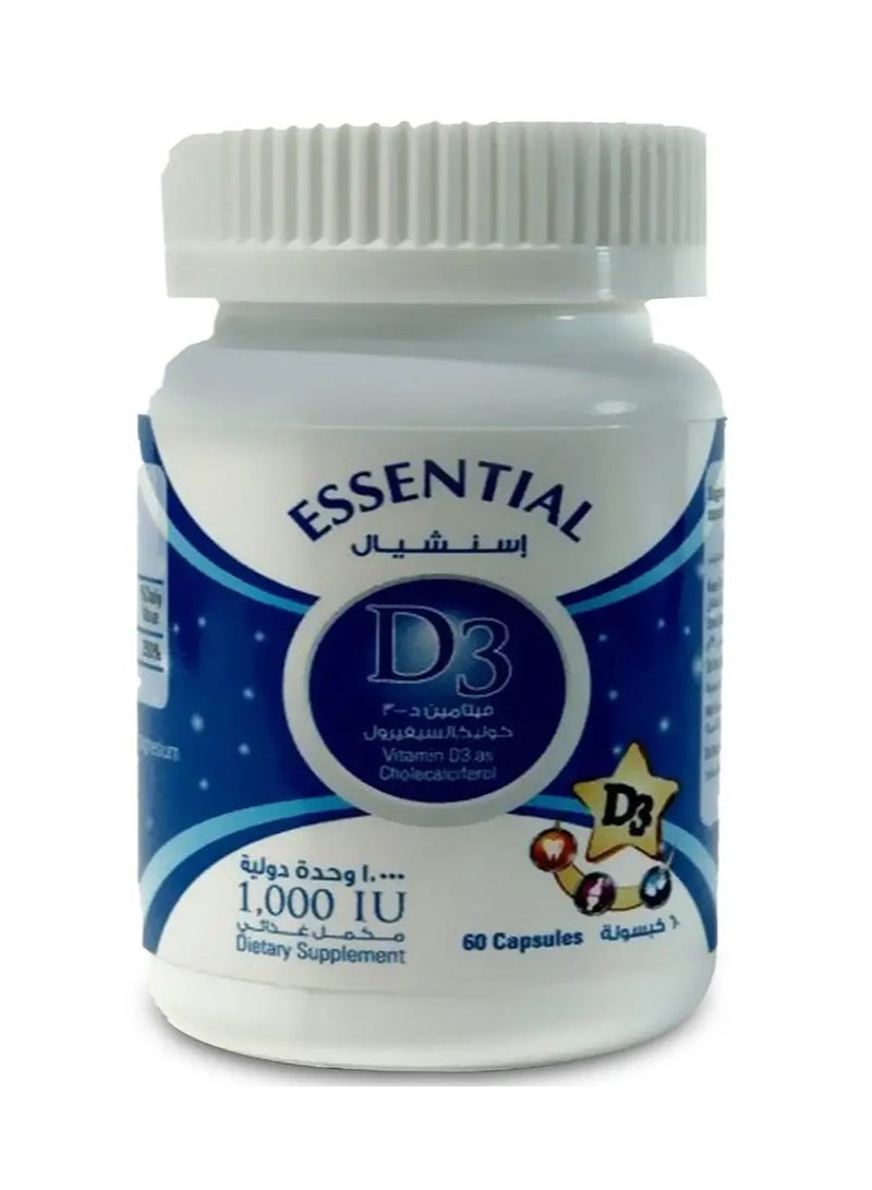 Essential Vitamin D3 nutritional supplement containing 1000 IU - 60 capsules