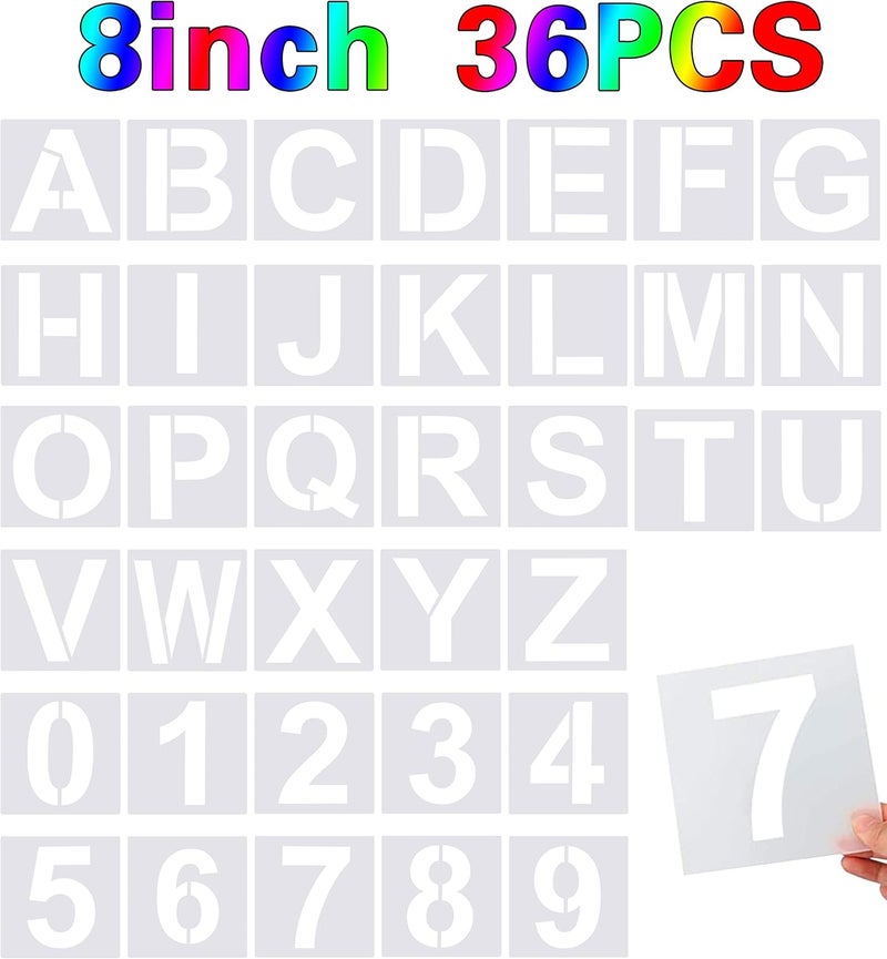 FEBSNOW 36 Pcs Large Alphabet & Number Stencils, Reusable Letter Stencils for Painting on Wood, Wall, Fabric, Rock, Chalkboard, Glass (8 Inches) - Image 1