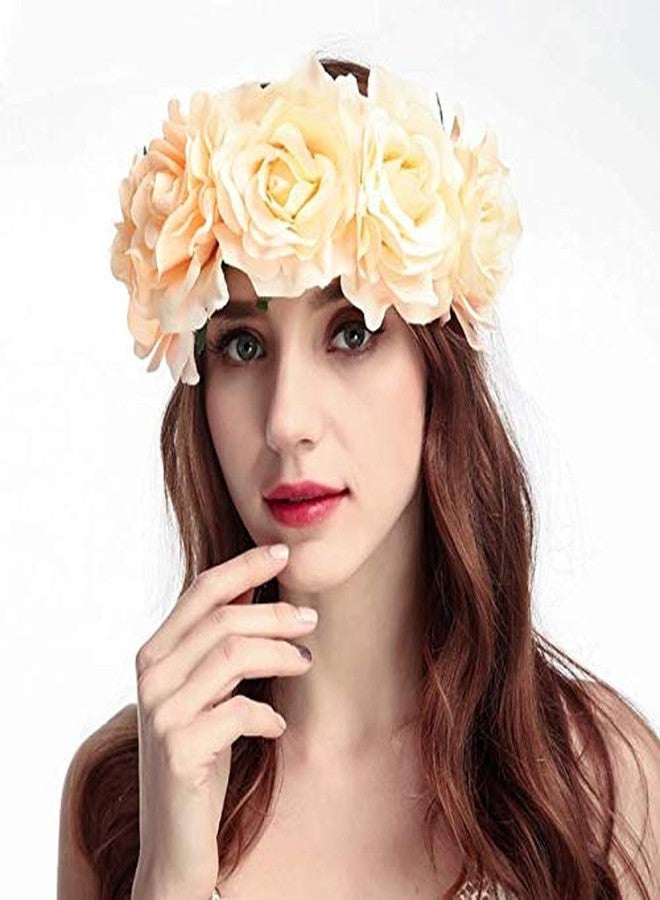 DNHCLL Rose Flower Crown Fake Flower Crowns Headbands For Women Girl Rose Floral Head Piece Hair Crown Pet Headband Flower Wreath (Champagne) - Image 2