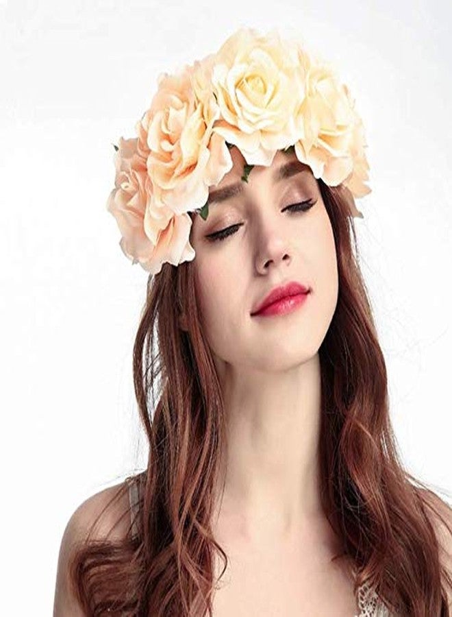 DNHCLL Rose Flower Crown Fake Flower Crowns Headbands For Women Girl Rose Floral Head Piece Hair Crown Pet Headband Flower Wreath (Champagne) - Image 3