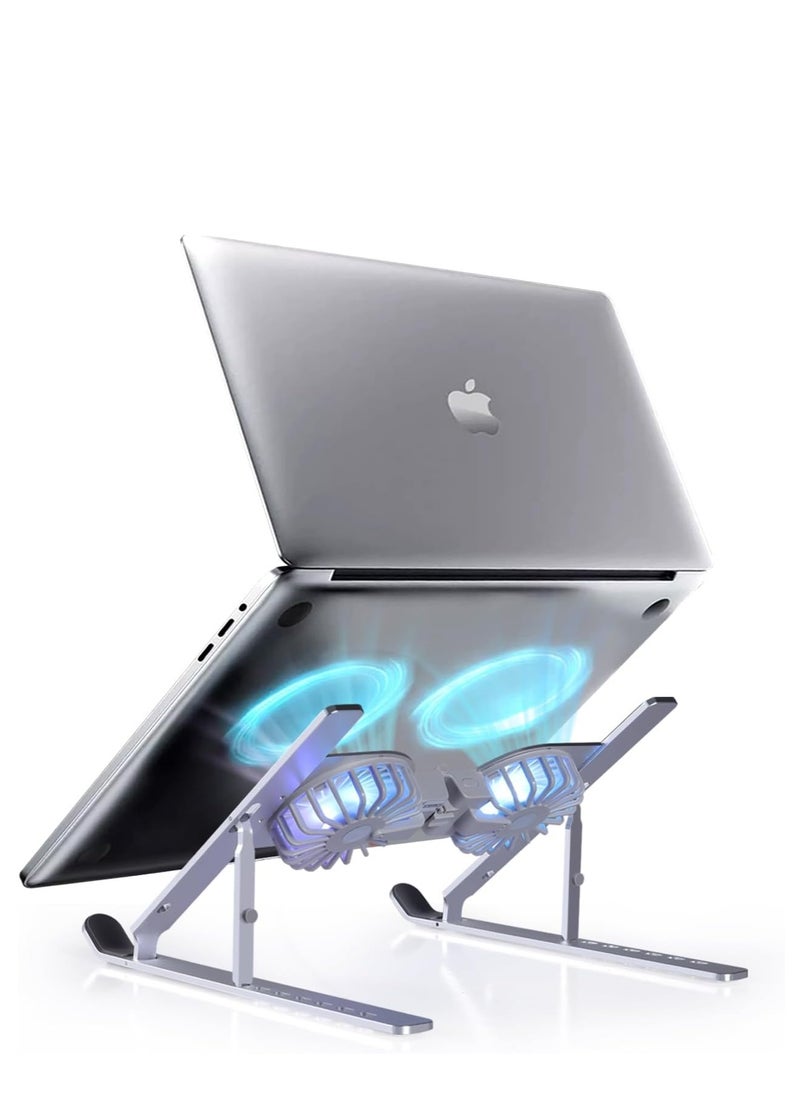 Generic Boyaya Aluminum Foldable Laptop Stand with Dual Cooling Fans and RGB Lighting Compatible with 10-15.6 Inch Laptops Silver  - Image 1