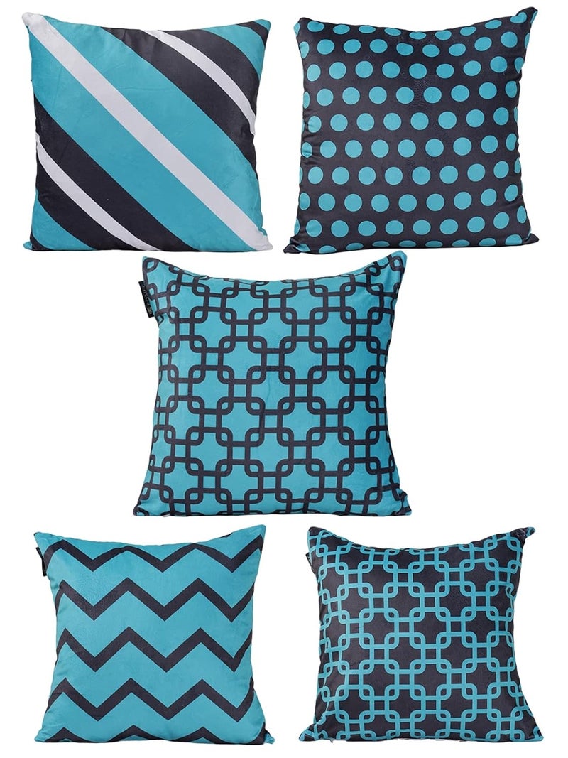 ROMEE Designer Geometric Printed Cushion Covers 16 inch x 16 inch Set of 5 | Decorative Square Velvet Throw Pillow/Cushion Cover for Living Room, Sofa, Couch, Bedroom (Turquoise Blue) - Image 2
