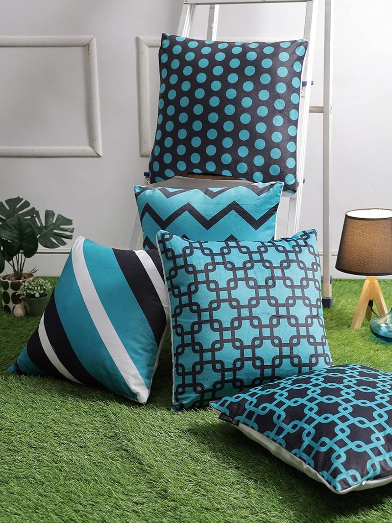 ROMEE Designer Geometric Printed Cushion Covers 16 inch x 16 inch Set of 5 | Decorative Square Velvet Throw Pillow/Cushion Cover for Living Room, Sofa, Couch, Bedroom (Turquoise Blue) - Image 1