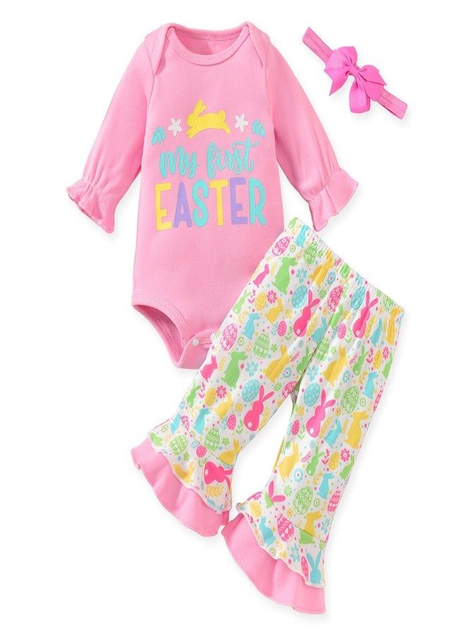 Aalizzwell Newborn Baby Girl Easter Clothes Rabbit Bodysuit Bunny Bell Bottoms Flared Pants Outfit NB Pink - Image 1