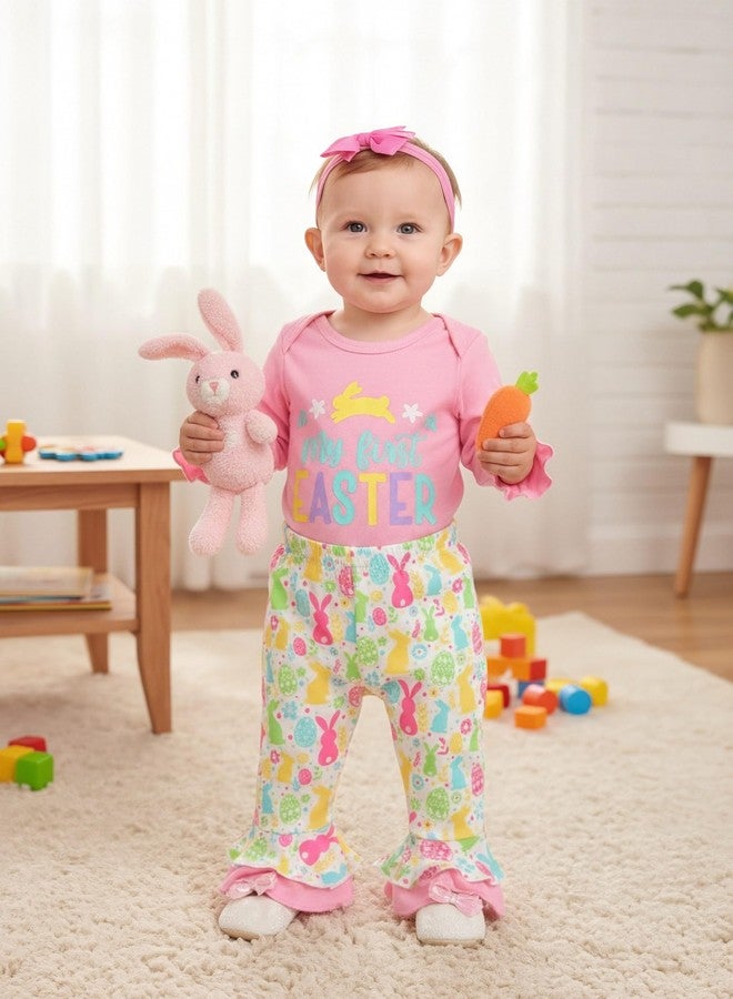 Aalizzwell Newborn Baby Girl Easter Clothes Rabbit Bodysuit Bunny Bell Bottoms Flared Pants Outfit NB Pink - Image 3