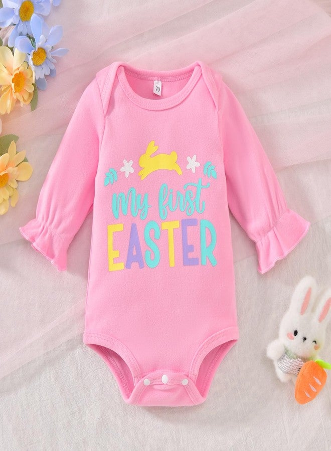 Aalizzwell Newborn Baby Girl Easter Clothes Rabbit Bodysuit Bunny Bell Bottoms Flared Pants Outfit NB Pink - Image 4