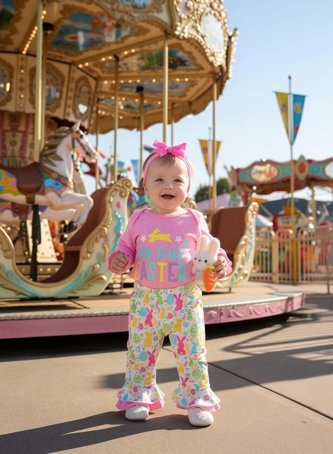 Aalizzwell Newborn Baby Girl Easter Clothes Rabbit Bodysuit Bunny Bell Bottoms Flared Pants Outfit NB Pink - Image 2
