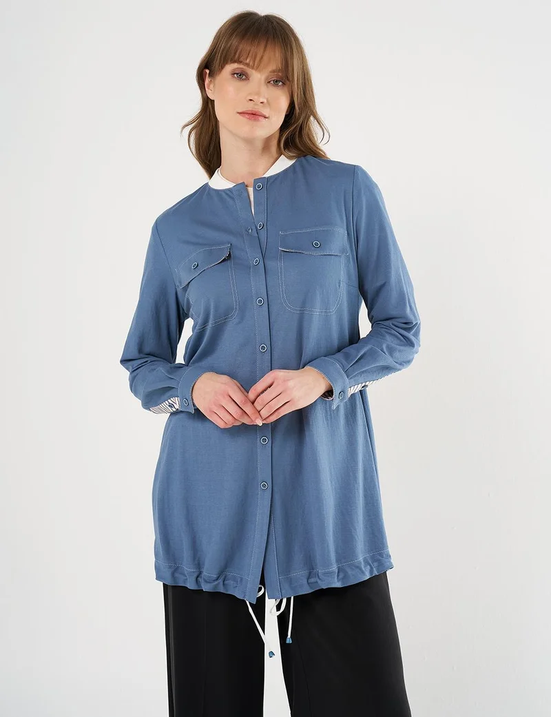 Kayra Point Stitch College Collar Tunic Indigo