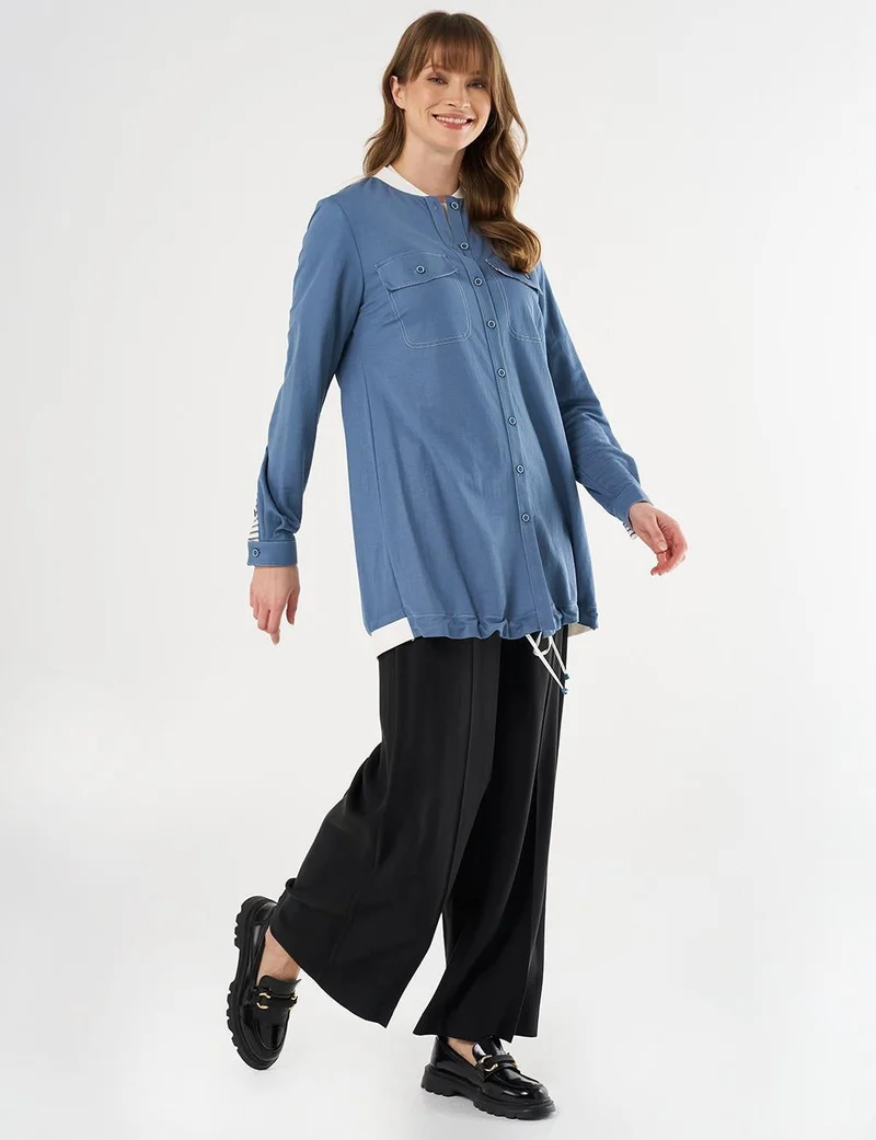 Kayra Point Stitch College Collar Tunic Indigo