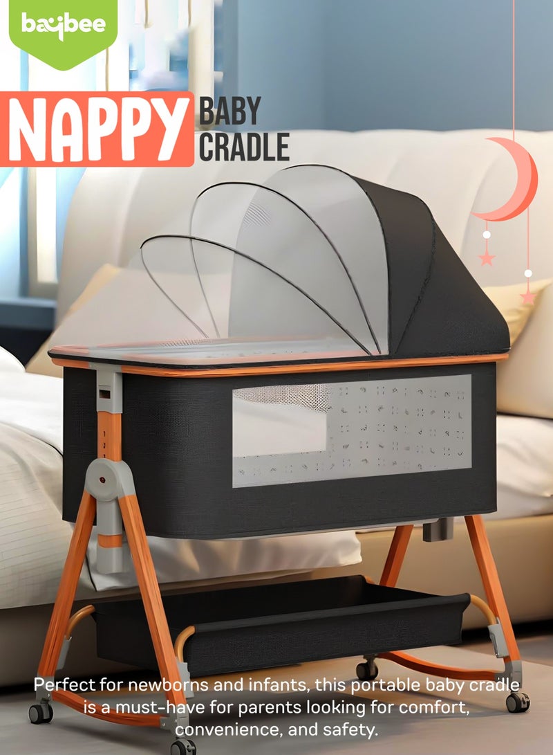 BAYBEE 3 in 1 Portable Baby Bedside Crib for Baby Infant Travel Crib With 6 Height Adjustable & Rocking Foldable Baby Bassinet with Wheels, Mosquito Net, 360Â° Swivel Wheels, Bed side Crib for Travel Black - Image 3