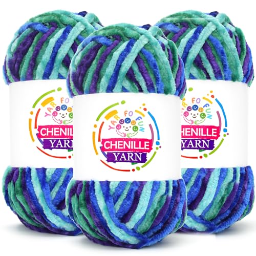 YARFOFUN 3 Pack Velvet Chenille Yarn for CrochetingRainbow Multicolor Fluffy Velvet Plush Yarn Thick Soft Chunky Chenille Yarn Baby Blanket Yarn for Crocheting Knitting BeginnersOcean - Image 1