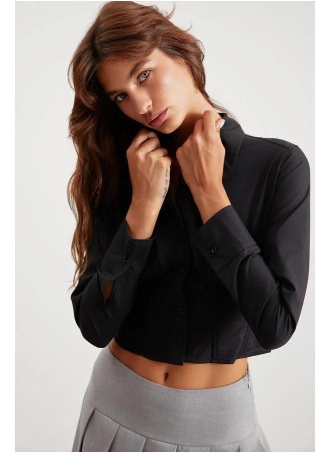 GRIMELANGE Grimlande Amethyst Women's 100% Cotton Slim Fit Poplin Crop Black Shirt