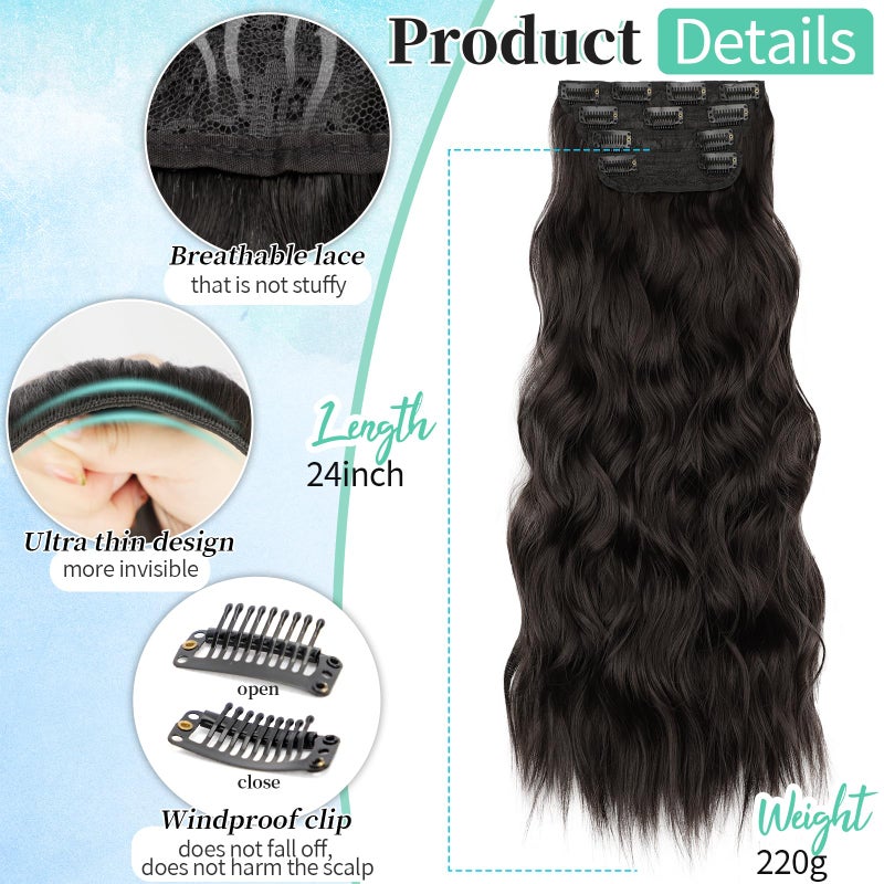 KooKaStyle Clip in Synthetic Hair Extensions Long Wavy 4PCS Thick Hairpieces Dark Brown 6# Fiber Double Weft Natural Hair Extensions 24 Inch for Women - Image 2