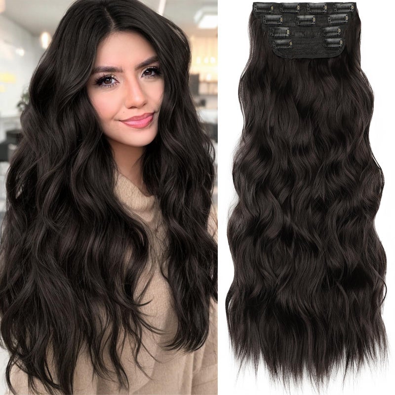 KooKaStyle Clip in Synthetic Hair Extensions Long Wavy 4PCS Thick Hairpieces Dark Brown 6# Fiber Double Weft Natural Hair Extensions 24 Inch for Women - Image 1