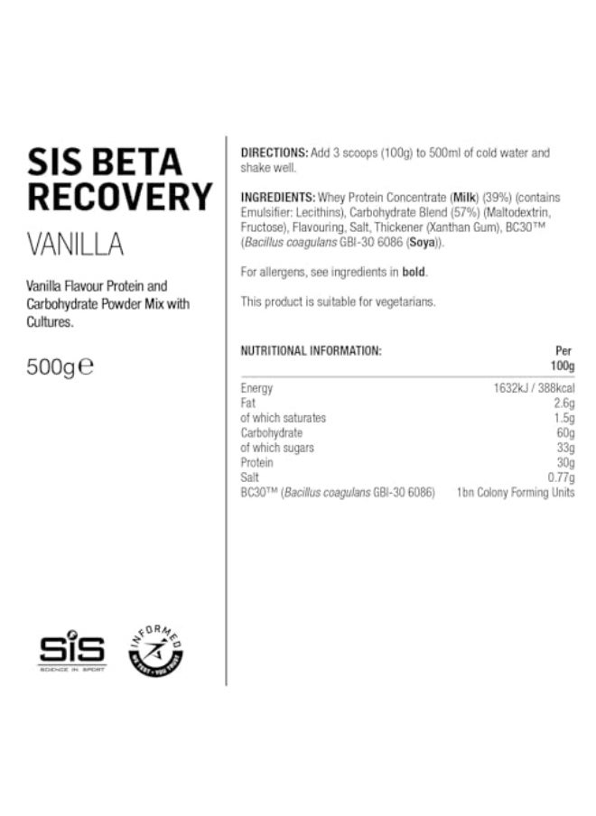 BETA Recovery Dual Source Recovery Drink, advance protein & carbohydrate blend, scientifically formulated for post endurance excercise1:1 dual source carbs ratio, 90 mins endurance excercise | Vanilla Flavour, 30g Protein per Serving, 500g