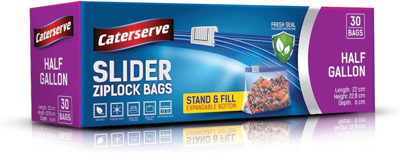 Caterserve Half Gallon Slider Ziplock Bags | Freezer Safe, Airtight Seal, Reusable Food Storage, Clear Plastic, Ideal for Snacks, Lunches, and Meal Prep (Half Gallon - 30Bags) - Image 1
