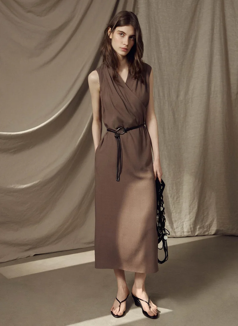 Lichi  Lightweight midi dress with a wrap imitation and eco-leather belt for Women | Best Price UAE