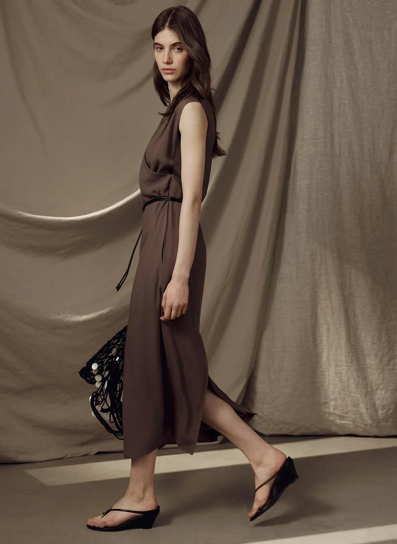 Lichi  Lightweight midi dress with a wrap imitation and eco-leather belt for Women | Best Price UAE