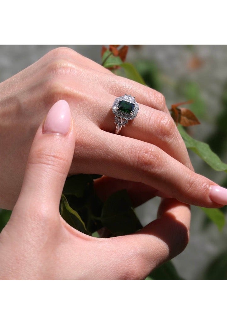Platinum-Plated Natural 925 Sterling Silver Green Zirconia Ring