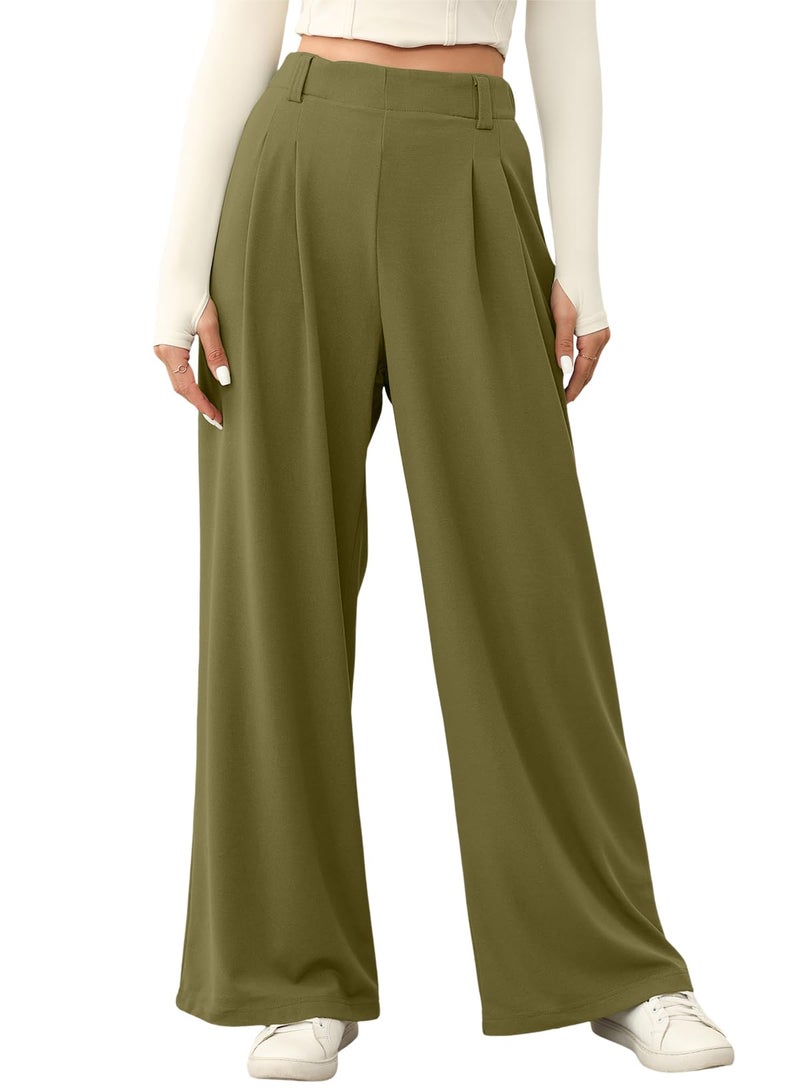 EVALESS Women's High Waisted Pants Plain Solid Color Wide Leg Waffle Knit Dressy Business Casual Pants Stretchy Trousers with Pockets Olive Green X-Large - Image 1