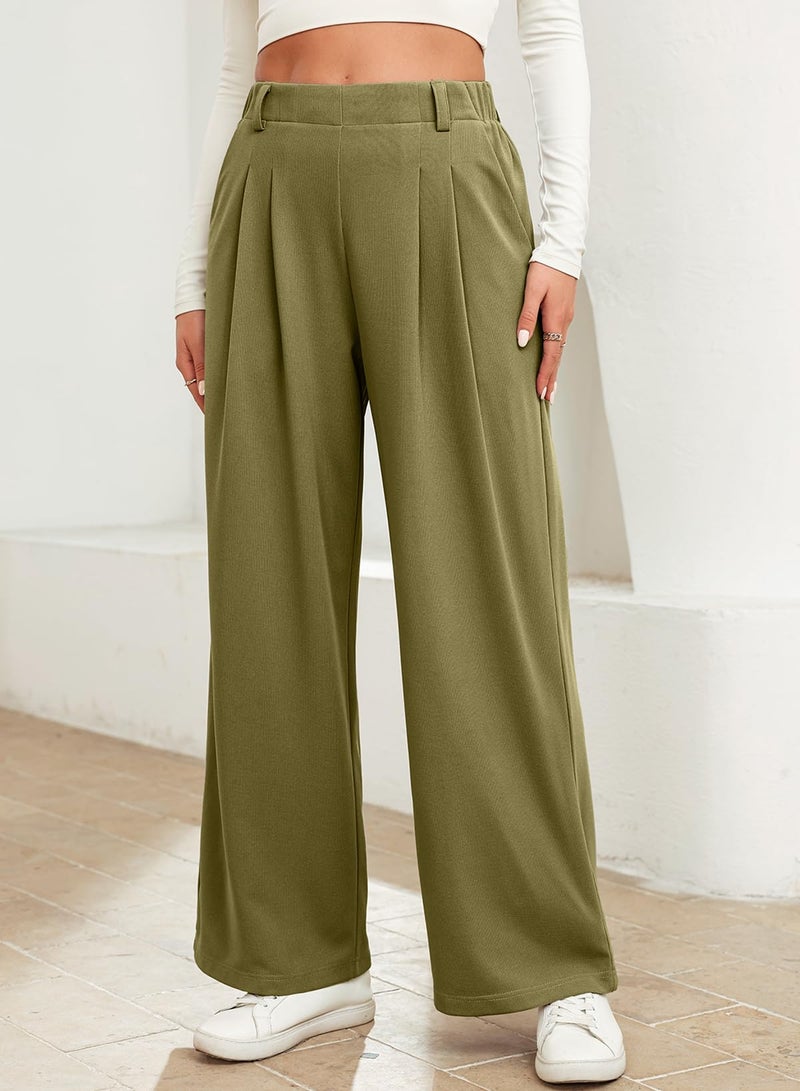 EVALESS Women's High Waisted Pants Plain Solid Color Wide Leg Waffle Knit Dressy Business Casual Pants Stretchy Trousers with Pockets Olive Green X-Large - Image 3
