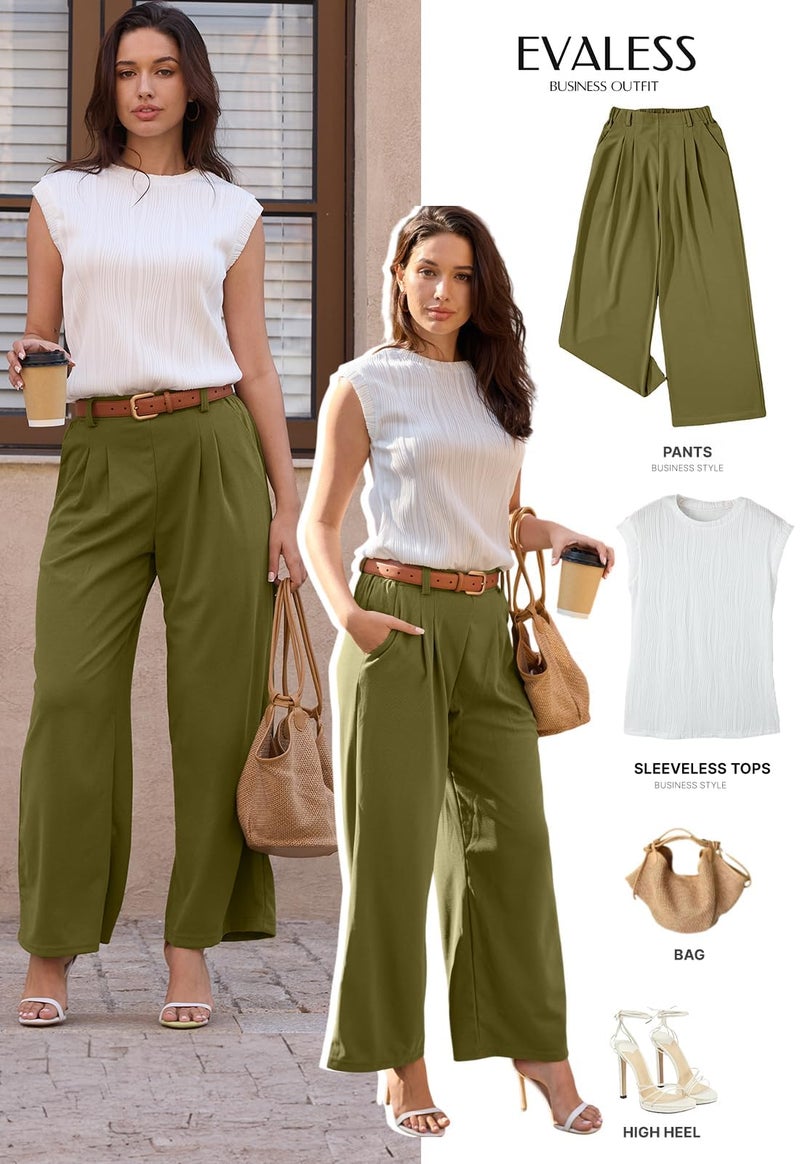 EVALESS Women's High Waisted Pants Plain Solid Color Wide Leg Waffle Knit Dressy Business Casual Pants Stretchy Trousers with Pockets Olive Green X-Large - Image 4