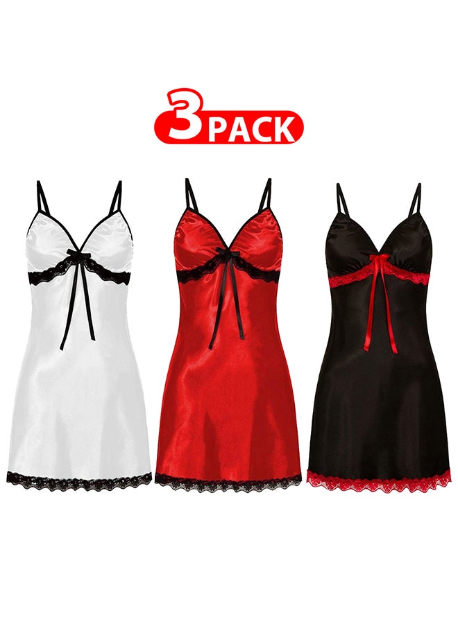 MARGOUN 3 Pack Women XXL Size Silk Nightwear Slip Dress Pajamas Robe Sleepdress Nightdress Deep V Neck Solid Color Satin Silk Lace Comfortable / Size(cm) XXL Bust: 80-90 Waist: 76-88  - Image 1