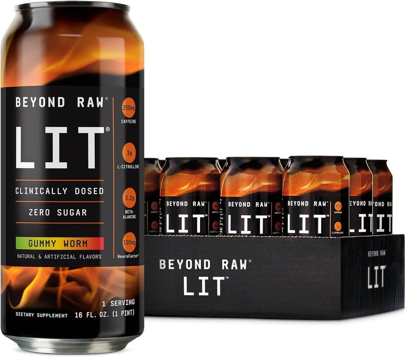 BEYOND RAW LIT Ready to Drink Pre Workout Gummy Worm for Energy Focus Intensity and Pumps with Nitric Oxide Boost Zero Sugar 250mg Caffeine with Beta Alanine 12 Cans - Image 1