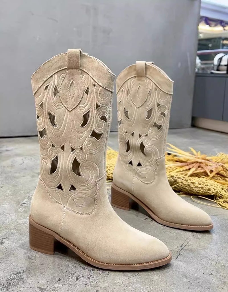 Arrival Summer Flowers ~ Ethnic Style Retro Trend Hollow Embroidered Breathable V-Mouth Western Cowboy Boots - Image 1