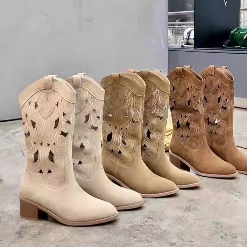 Arrival Summer Flowers ~ Ethnic Style Retro Trend Hollow Embroidered Breathable V-Mouth Western Cowboy Boots - Image 4