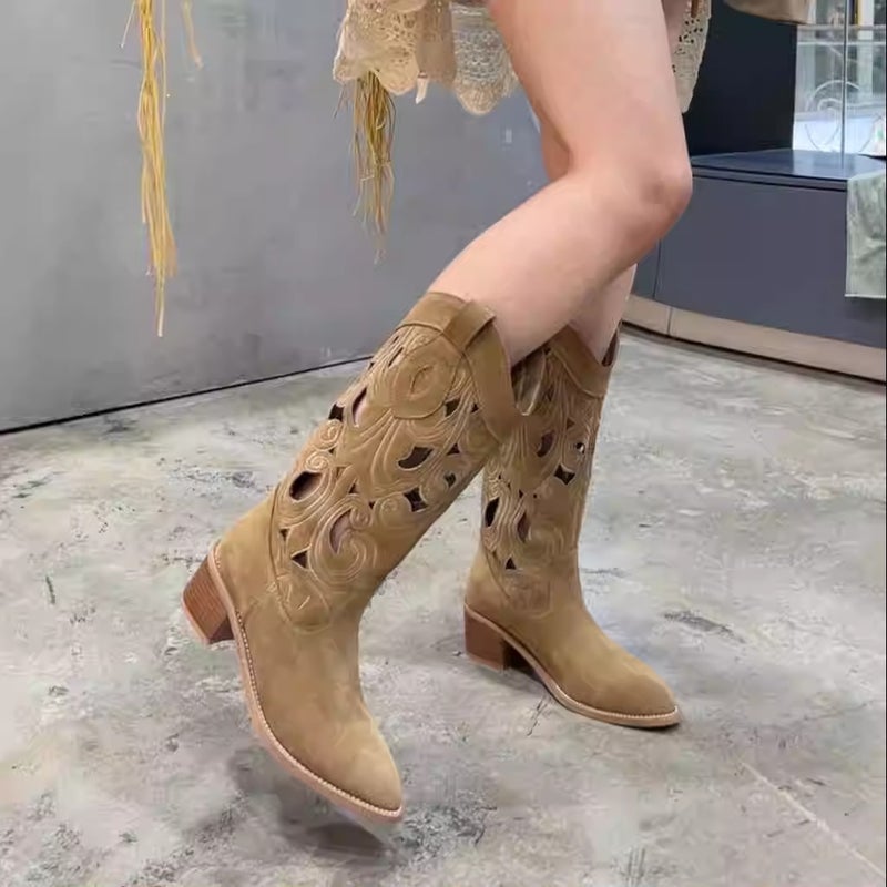 Arrival Summer Flowers ~ Ethnic Style Retro Trend Hollow Embroidered Breathable V-Mouth Western Cowboy Boots - Image 2