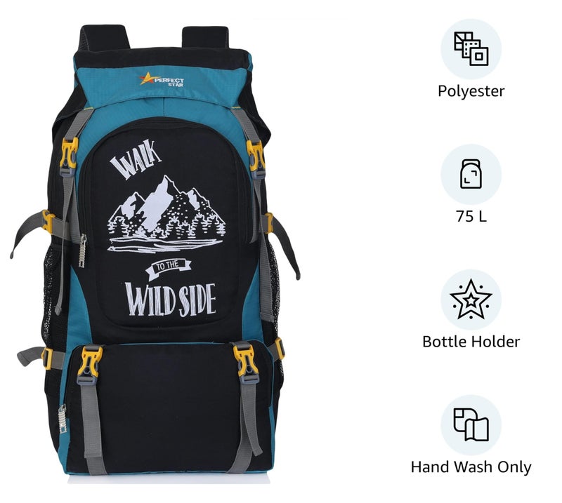 perfect star 75 Litres Rucksack Hiking Trekking Travel Backpack For Shoe Compartment, Spacious Outdoor Sport Camping Bag - Teal - Image 2