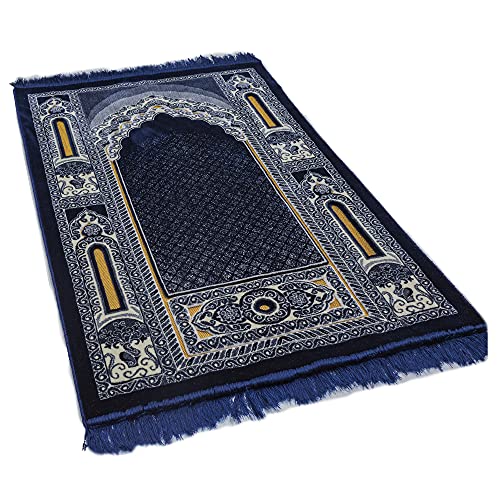 Modefa Islamic Prayer Rug - Double Plush Large & Wide Velvet Carpet - Traditional Muslim Janamaz Sajada - Thick Turkish Prayer Mat for Men & Women- Ramadan or Eid Gift - Floral Mihrab (Navy Blue) - Image 5