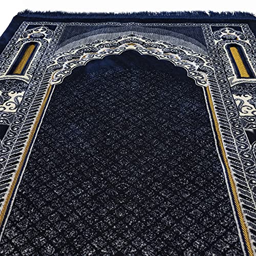 Modefa Islamic Prayer Rug - Double Plush Large & Wide Velvet Carpet - Traditional Muslim Janamaz Sajada - Thick Turkish Prayer Mat for Men & Women- Ramadan or Eid Gift - Floral Mihrab (Navy Blue) - Image 2