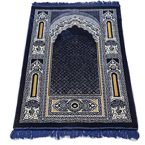 Modefa Islamic Prayer Rug - Double Plush Large & Wide Velvet Carpet - Traditional Muslim Janamaz Sajada - Thick Turkish Prayer Mat for Men & Women- Ramadan or Eid Gift - Floral Mihrab (Navy Blue) - Image 1