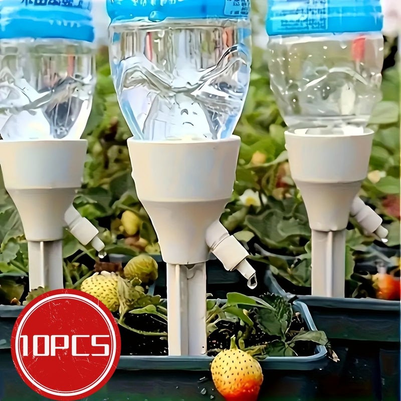 10 Pcs 5 Sets Automatic Plant Drip Irrigation Kit Adjustable Water Flow Beige For Indoor And Garden Plants Compatible With Standard European American Threaded Bottle Caps Includes 5 Drippers And 5 Knobs - Image 1