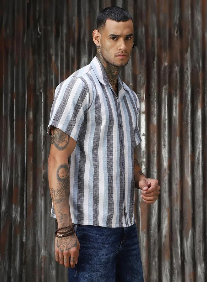 HIGH STAR Men Relaxed Fit Striped Casual Half Sleeve Shirt