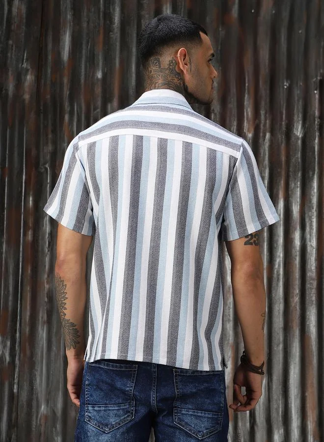 HIGH STAR Men Relaxed Fit Striped Casual Half Sleeve Shirt