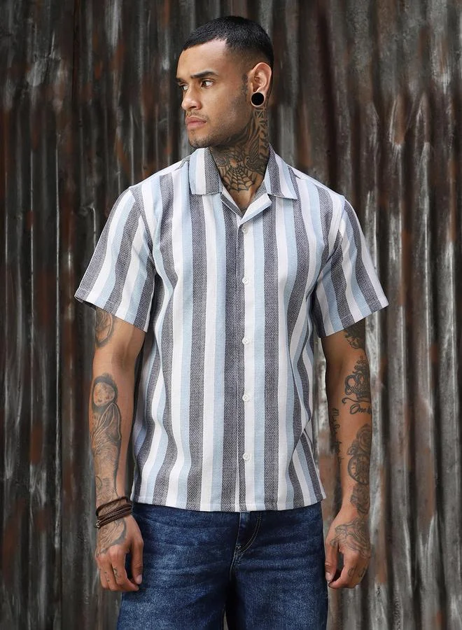 HIGH STAR Men Relaxed Fit Striped Casual Half Sleeve Shirt