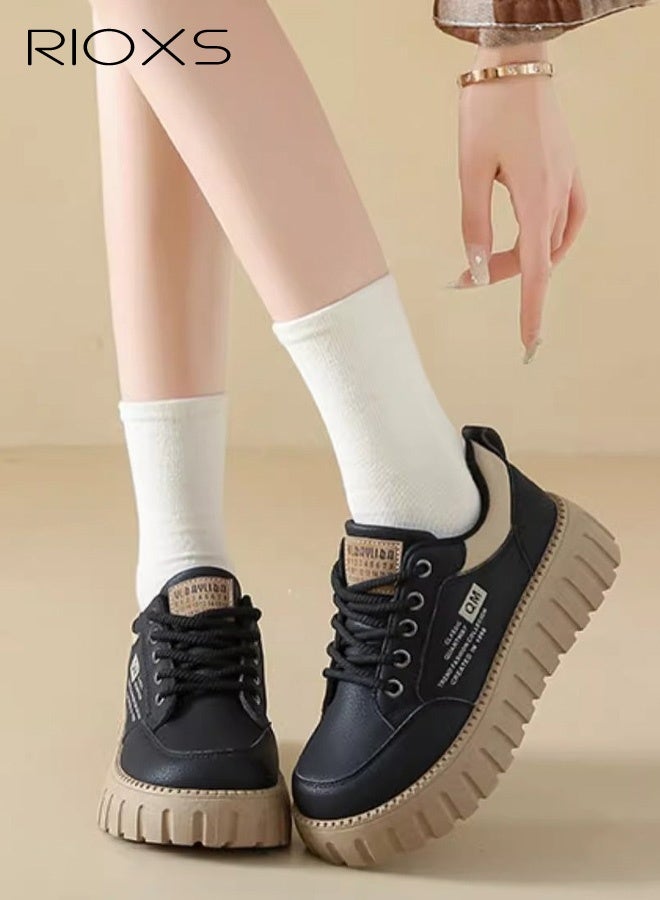 ريوكس حذاء رياضي نسائي بقاعدة سميكة، حذاء رياضي خفيف بقاعدة سميكة 5 سم، حذاء تنس مريح وقابل للتهوية برباط وباطن سميك، حذاء نسائي عصري وأنيق، حذاء غير قابل للانزلاق للمشي، مناسب للمواعيد الغرامية/العمل/الإجازة/الارتداء اليومي، أسود - Image 4
