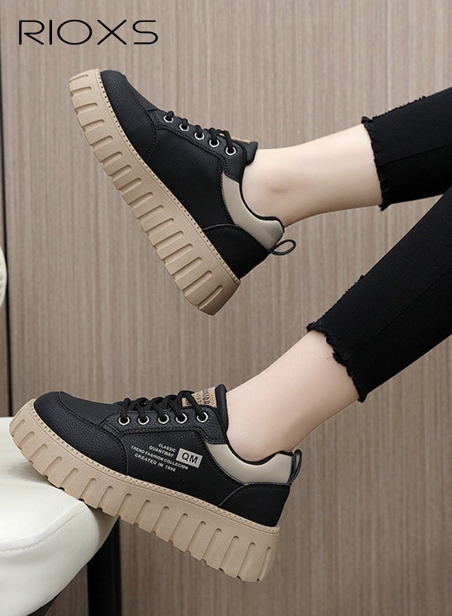 ريوكس حذاء رياضي نسائي بقاعدة سميكة، حذاء رياضي خفيف بقاعدة سميكة 5 سم، حذاء تنس مريح وقابل للتهوية برباط وباطن سميك، حذاء نسائي عصري وأنيق، حذاء غير قابل للانزلاق للمشي، مناسب للمواعيد الغرامية/العمل/الإجازة/الارتداء اليومي، أسود - Image 2